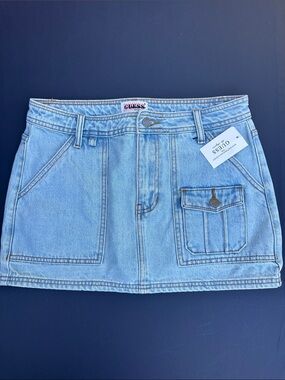 New GUESS ORIGINLAS Light Wash Denim Mini Skirt with Pocket Detail